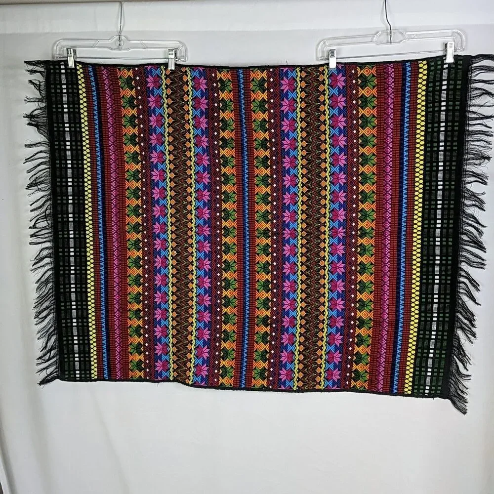 Indigenous Blanket Shawl Multicolor Floral 35 x 48 in Fringe Wall Hanging